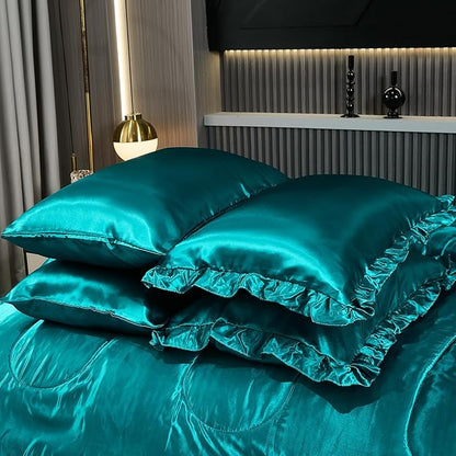 Silky Comforter Set with Sheet Set King 8 Pcs Peacock Green Bed in a Bag Green Bedding Set Silk Like Satin Ruffle Home Deocr Sexy Hotel Silky Bed Set with 1 Cushion Cover
