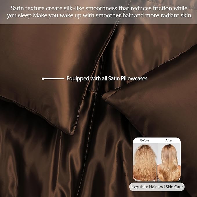 Whale Flotilla 2-Piece Reversible Silky Soft Twin Size Comforter Bedding Set, Luxurious Satin Comforters with Satin Pillowcase, Lightweight Duvet for All Seasons, Brown