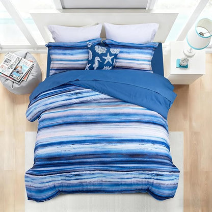 Holawakaka Beach Stripe Bedding Sets 6 Pieces, Blue White Coastal Striped Comforter Set Full Size All Season Geometric Bed Set, Nautical Bed in a Bag with Comforter, Sheets and Shams