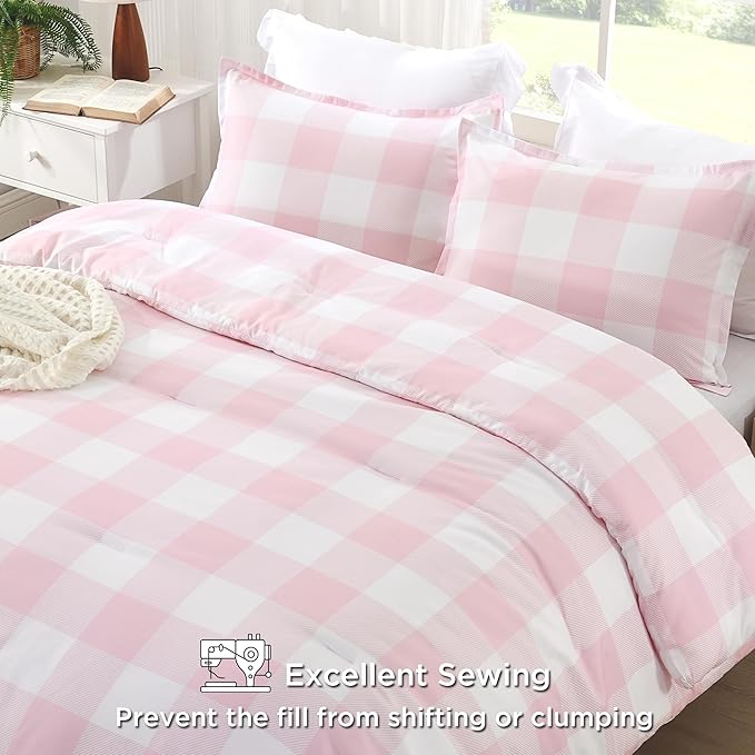 Andency Pink Checkered Comforter Queen(90x90Inch), Plaid Gingham Buffalo Plaid Grid Bedding Sets for Girls Kids Women Kids Teens, 3 Pieces Lightweight Microfiber Geometric Preppy Bed Set