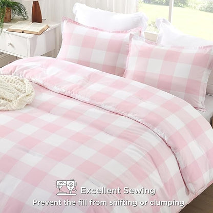 Andency Pink Checkered Comforter Queen(90x90Inch), Plaid Gingham Buffalo Plaid Grid Bedding Sets for Girls Kids Women Kids Teens, 3 Pieces Lightweight Microfiber Geometric Preppy Bed Set