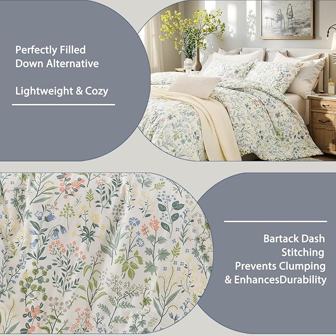 Green Floral Comforter Set Queen Size 100% Cotton Comforter 3 Pieces Soft Lightweight Reversible Retro Floral Bedding Sets for All Season