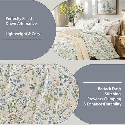 Green Floral Comforter Set Queen Size 100% Cotton Comforter 3 Pieces Soft Lightweight Reversible Retro Floral Bedding Sets for All Season