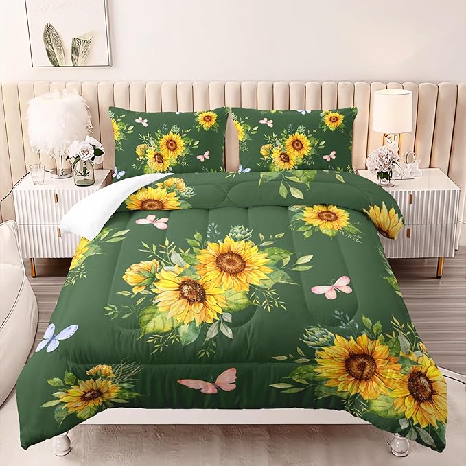 3 Piece Green Sunflower Comforter Sets Twin Size, Farmhouse Floral Bedding Set for Girls Boys Adults,3 Piece Bed in A Bag, Ultra Soft Microfiber All Season Yellow Flower Bedding Set
