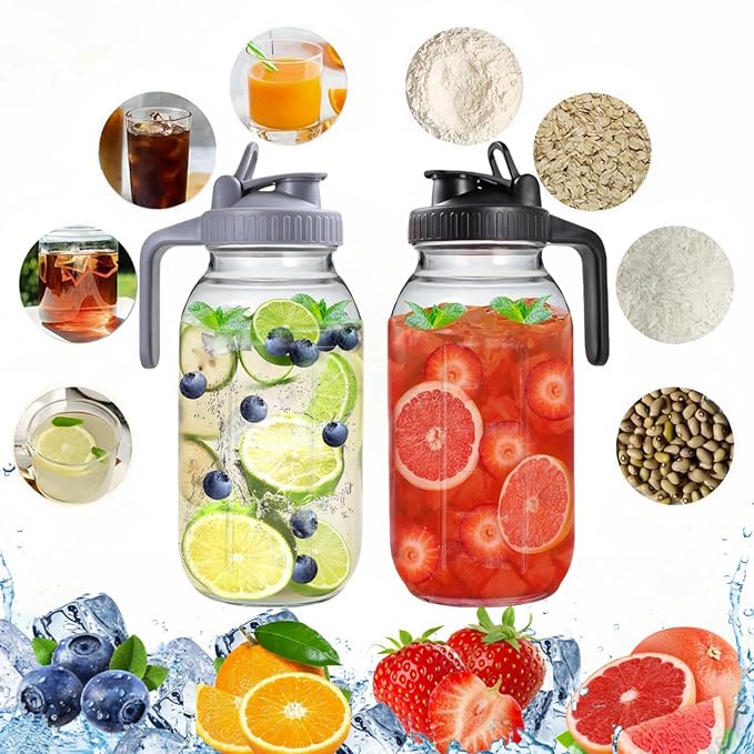 2 Pack 64 oz Glass Pitcher With Lid, Mason Jar Pitcher, 2 Quart Breast Milk Pitcher Jug with Flip Cap Leak Proof, Glass Sun Tea Jar for Ice Tea, Cold Brew Coffee, Breast Juices