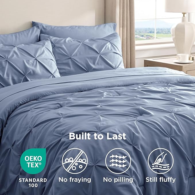 Bedsure Full Comforter Set Slate Blue - Bed in a Bag Full Size Bedding Set 7 Pieces, GentleSoft™ Pintuck Bed Set Gift for Family, Pinch Pleat All Season Comforter with Sheets, Pillowcases & Shams