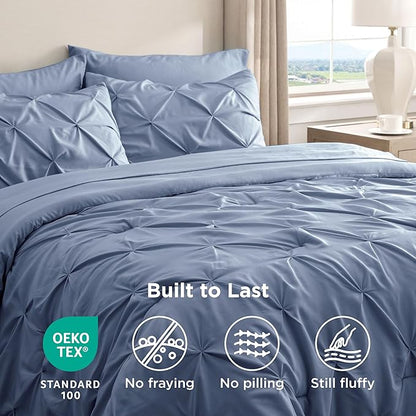 Bedsure California King Comforter Set - Bed in a Bag Cal King Bedding Set 7 PCS, GentleSoft™ Pintuck Bed Set Gift for Family, Pinch Pleat Slate Blue Comforter with Sheets, Pillowcases & Shams