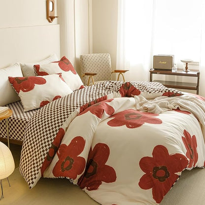 CLOTHKNOW Rust Sunflower Queen Comforter Set 3Pcs Floral Bedding Comforter Sets Brown Plaid Queen Comforter Botanical Queen Size Comforter Sets