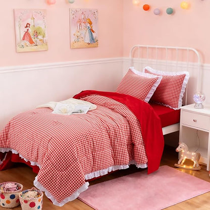 A Nice Night Comforter Twin Size,Red Ruffle Comforter for Dorm Room Essentials for Twin Bed,Plaid Checkered Chic Bedding Bed in a Bag for Girls
