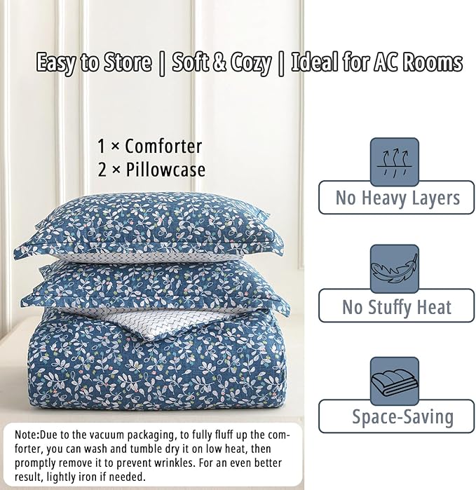 Blue Floral Cotton Comforter King Size - White Leaves with Delicate Soft Green & Blush Floral Print, Blue Chevron on White Reverse – 3PC Lightweight Bedding Set with Soft Fill(104"×90")