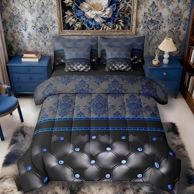 Blue Damask Bed in a Bag King Size Comforter Set 7-Piece,Luxury Black Diamond Texture Pattern Bohemian Bedding Sets Antique Decor Gothic Vintage Floral Comforter and Sheet Set, Boho Baroque Room Decor