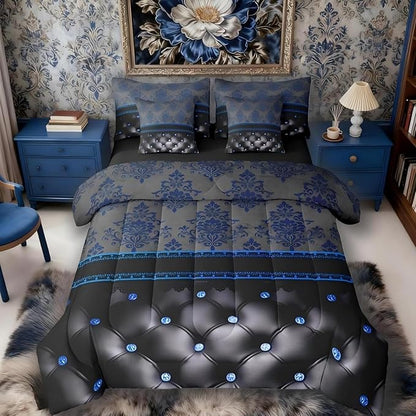 Blue Damask Bed in a Bag King Size Comforter Set 7-Piece,Luxury Black Diamond Texture Pattern Bohemian Bedding Sets Antique Decor Gothic Vintage Floral Comforter and Sheet Set, Boho Baroque Room Decor