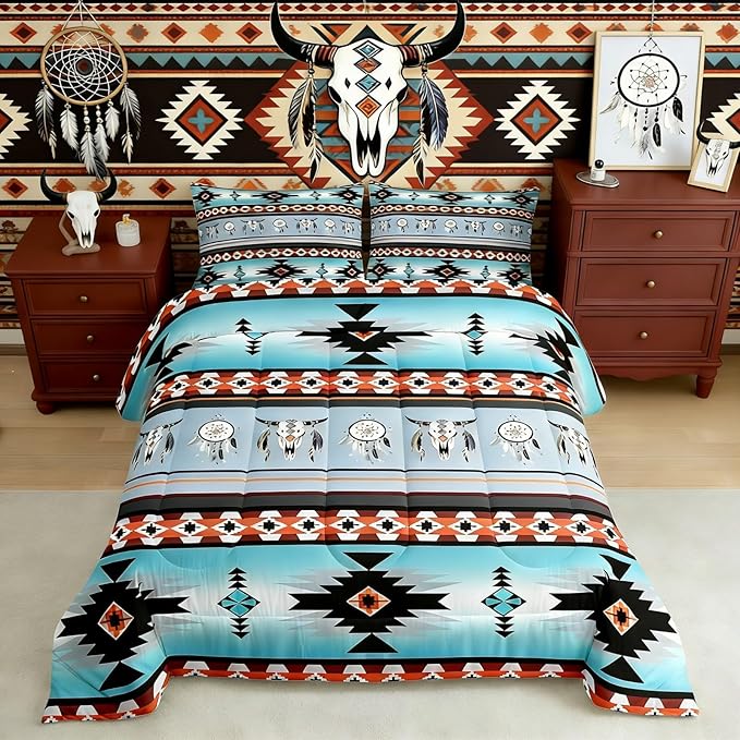 Erosebridal Western Bedding Sets Queen, Exotic Bull Skull Comforter Set, Dream Catchers Tribe Feather Duvet Insert, Southwestern Quilt With Animals, Boho Aztec Decor - Blue, Teal, Orange