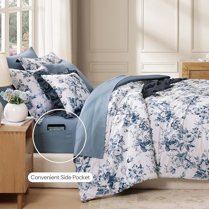 Twin XL Comforter Set -5 Pieces Floral Rain Washed Bedding Set for All Seasons, Bed in a Bag with Botanical Flowers Comforter, Sheets, Pillowcase & Sham