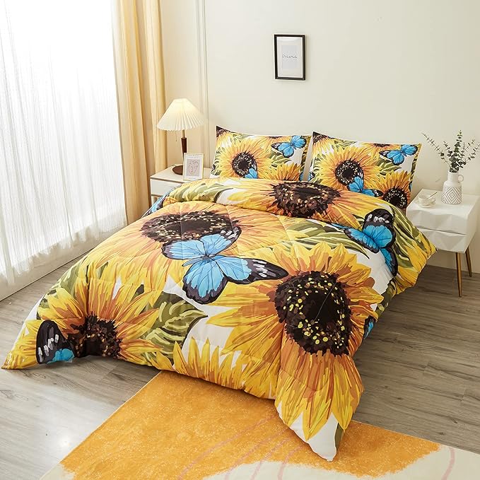 Sunflower Comforter Sets,Beautiful Seamless Pattern with Sunflower Blue Butterflies on White Background,Decorative Bedding Comforter Sets with 2 Pillow Shams, Queen Size