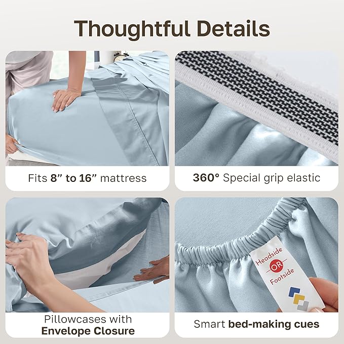 California Design Den Deep Pocket King Sheet Set - Certified Authentic 100% Egyptian Cotton Sheets, Soft Sateen, Deep Pockets with Gripper Elastic, Breathable and Durable Luxury Bedding - Light Blue