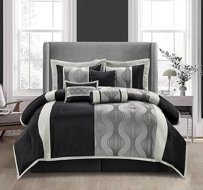 Stratford Park Black and Silver Comforter Set California King Size,Elegant 7 Pieces Striped All Season Bedding Set