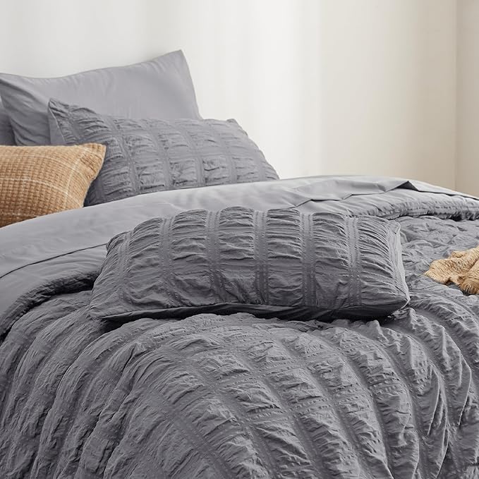 Bedsure Bed in a Bag King - 7 Pieces Plaid Seersucker Bedding Comforter Sets, Soft Lightweight Grey Boho Bed Set with Comforters King Size, Sheets, Pillowcases & Shams