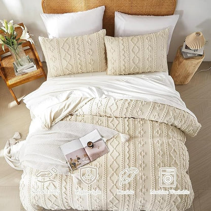 Boho Tufted Comforter Set Queen Size Beige Geometric Tufted Bedding Set 3 Pieces Farmhouse Shabby Chic Embroidery Comforter Soft Jacquard Bed Set for All Seasons with 2 Pillowshams
