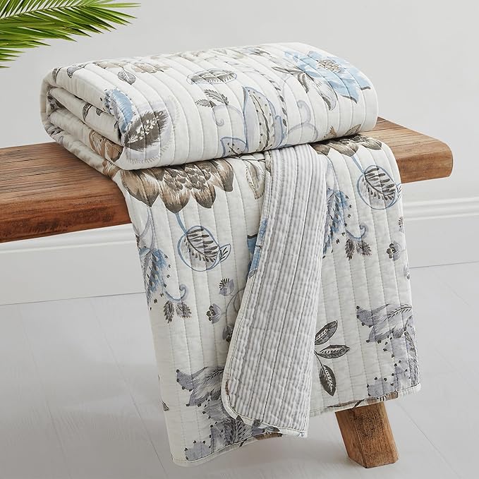Levtex Home - Maileen Neutral Blue - Throw - Floral - Taupe Blue and Cream - Throw (50x60in.) - Cotton
