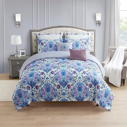 King Size Comforter Set 7 Piece Ultra Soft Fashion Printed Bedding Sets with Shams, Decorative Throw Pillows, and Pillowcases, King, Juliette