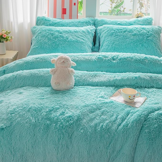 chovy Faux Fur Plush Sky Blue Comforter Sets Twin - Ultra Soft Shaggy Flannel Velvet Fluffy Fuzzy 3PC Bedding Set （Comforter x 1 Pillowcases x 2）