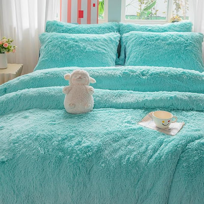 chovy Faux Fur Plush Sky Blue Comforter Sets King - Ultra Soft Shaggy Flannel Velvet Fluffy Fuzzy 3PC Bedding Set (Comforter x 1 Pillowcases x 2)