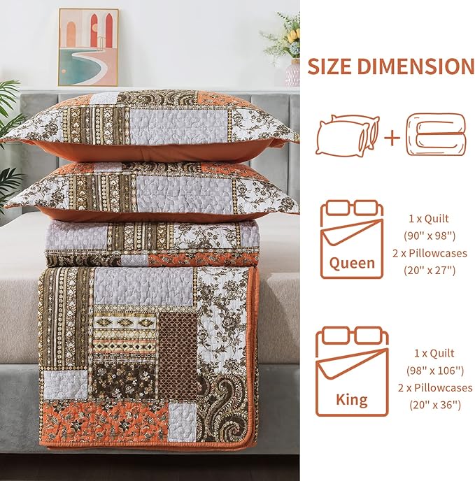 BEDIFANY Cotton California King Size Quilt for Farmhouse- Fall Patchwork Bedspread Set - Highly-Woven Soft Reversible Oversized King Size Coverlet for All Seasons (Floral Orange) 3 Pieces