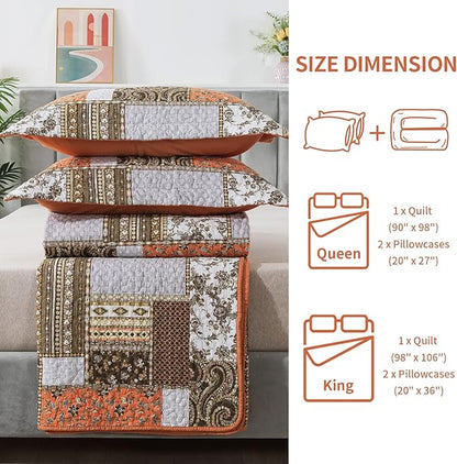 BEDIFANY Cotton Quilts King Size for Farmhouse- Fall Patchwork Bedspread Set - Highly-Woven Soft Reversible King Size Bed Spread for All Seasons (Floral Orange) 3 Pieces