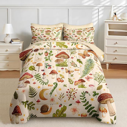 Nesker 7 Pcs Spring Comforter Set King Size, Mushroom Fern Bedding Set for Kids and Adults, Butterfly Leaf Bed Sheet Sets with Fitted Sheet 2 Pillowcases & 2 Shams