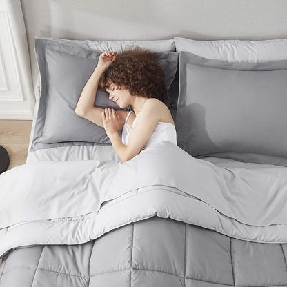 Nestl 7 Piece Queen Comforter Set – Grey Reversible Bed in a Bag – Complete Queen Size Bedding Set with Sheets, Pillowcases and Shams
