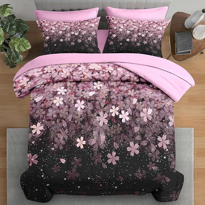 Comforter Set Queen Size, Pink Cherry Flower 7 Pcs Bedding for Kids and Adults, Blossom Floral Bed Sheet Sets with Fitted Sheet 2 Pillowcases & 2 Shams for Bedroom Bed Decor