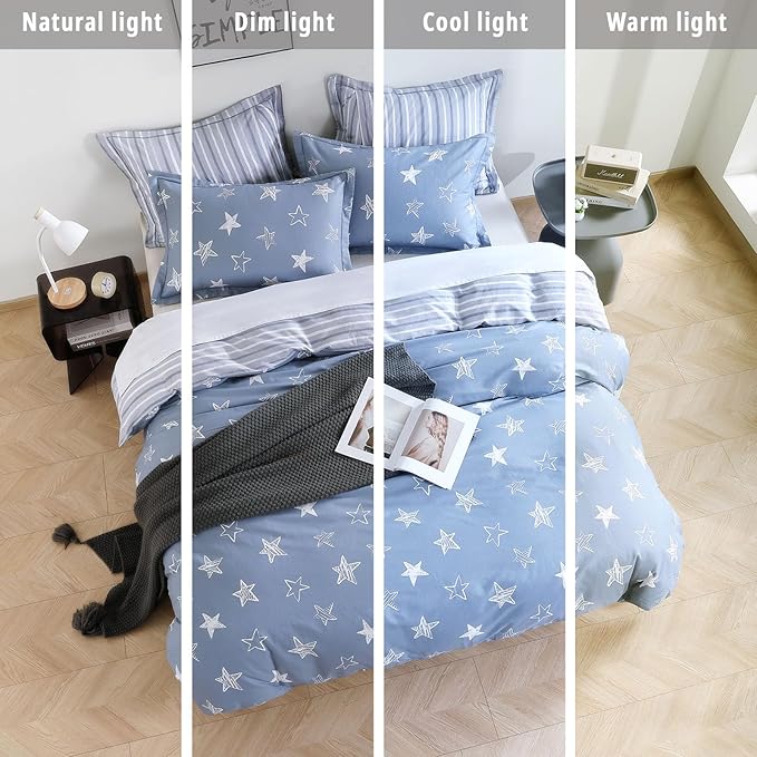 Blue Cotton Comforter Queen Size 3Pcs - White Doodle Style Stars on Denim Blue Front, Gray Stripes on Back, Reversible Lightweight Bedding Sets with Soft Fill(Queen, 90"×90")