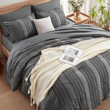 Dark Grey Tufted Textured Comforter Set Queen Size, 7 Piece Bed in a Bag，Shabby Chic Boho Bedding for Bedroom Comforter，All Season Soft Microfiber Ruffle Comforter Set with Pillow and Sheets
