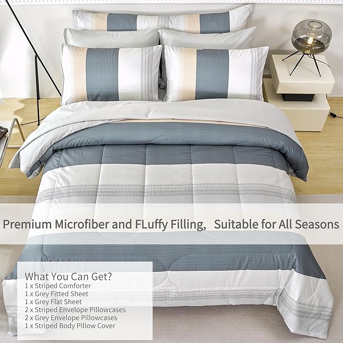 RYNGHIPY Queen Size Comforter Set Beige Grey Striped Men Boys Bedding Set Soft All Season Down Alternative Comforter Bedding Sets (Queen,Beige Grey)