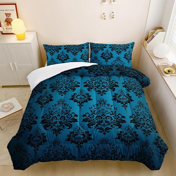 Blue Gothic Floral Print Comforter Set Queen Size,Vintage Damask Floral Bedding Set,Bohemian Exotic Printed Quilted Set for Teens Adult,with 1 Comforter and 2 Pillow Case