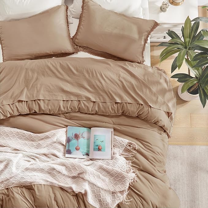 Andency Taupe Comforter Set Full Size, 3 Pieces Boho Tassel Lightweight Bedding Comforter Sets, Tan All Season Soft Fluffy Fringe Bed Set (79x90In Comforter & 2 Pillowcases)
