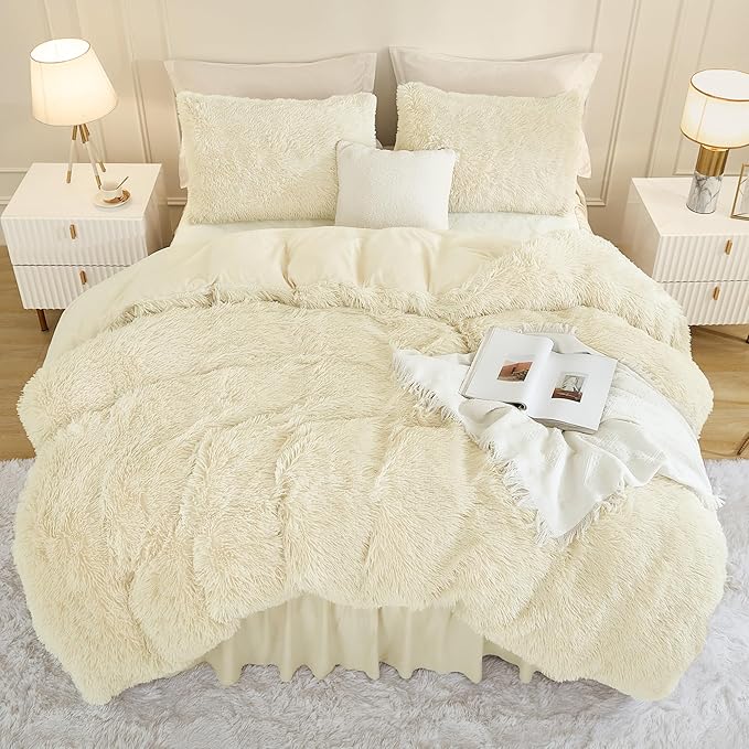 Andency Faux Fur Beige Comforter Set Full Size, 3 Pieces Fluffy Fuzzy Plush Bedding Comforter Set (1 Shaggy Velvet Comforter & 2 Pillowcases), Soft Puffy Comfy Down Alternative Comforter Bedding Set