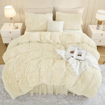 Andency Faux Fur Beige Comforter Set Full Size, 3 Pieces Fluffy Fuzzy Plush Bedding Comforter Set (1 Shaggy Velvet Comforter & 2 Pillowcases), Soft Puffy Comfy Down Alternative Comforter Bedding Set
