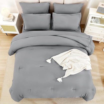 Litanika Queen Comforter Set Medium Gray - 7 Pieces Bed in a Bag Queen Bedding Comforter Sets, Solid Lightweight Bed Set with Comforter, Sheets, Pillowcases & Shams