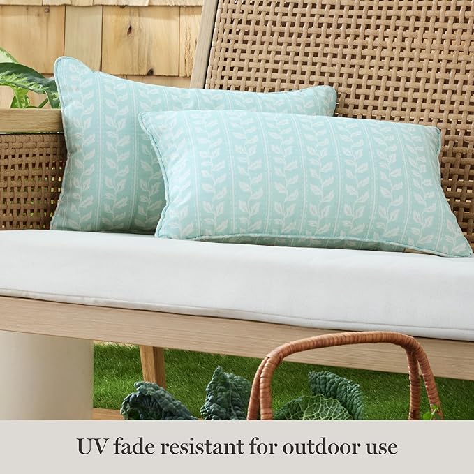 Martha Stewart Vineyard Vines Indoor Outdoor Decorative Lumbar Pillow 2-Pack Set, UV Fade Resistant, Water Repellent, Printed Garden Design, Aqua Blue, 11"x18"