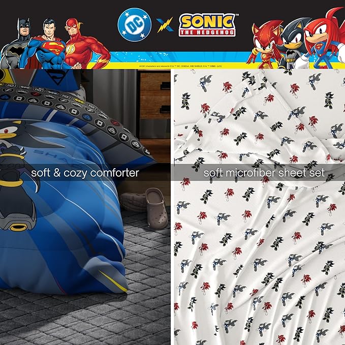 DC x Sonic The Hedgehog Kids Bedding Set, Full Size, 5-Piece Super Soft Cozy Reversible Comforter & Sheet Set (Officially Licensed Product) by Franco | Durable, Reversible, Officially Licensed