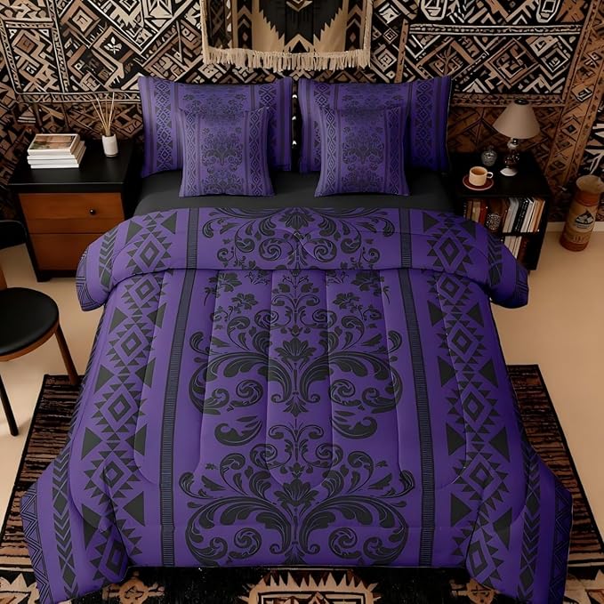 Comforter Set Full Size, Indigo Damask Aztec 7 Pcs Bedding for Kids and Adults, Antique Decor Western Baroque Gothic Bed Sheet Sets with Fitted Sheet 2 Pillowcases & 2 Shams for Bedroom Bed Decor