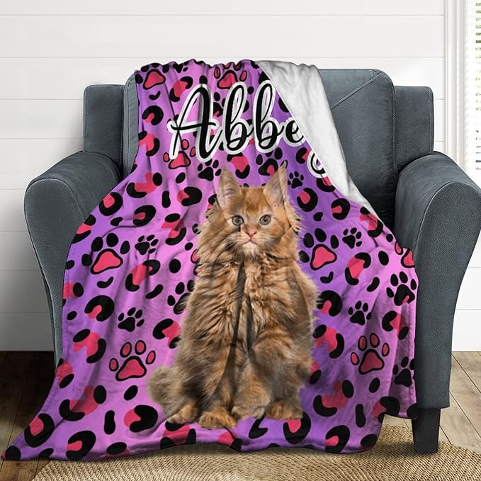 Custom Pet Name Blanket Personalized Dog Memory Blankets with Photos Customized Puppy Blanket for Large Medium Small Dog, Dog Gift for Dog Lovers Mom Dad Cute Dog Cat Paw Prints