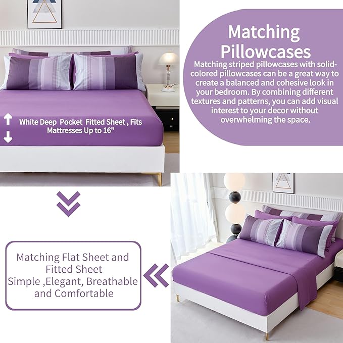 RYNGHIPY Purple Striped Bed in a Bag Queen Size, Lightweight Soft Down Alternative Comforter Set for Men and Boys,8 Pieces Comforter Bedding Set with Sheets Pillowcases (Queen,Purple Grey)
