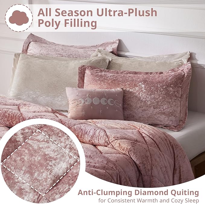 Intelligent Design Twin Comforter Set, Velvet Comforter Set , Luxury Diamond Quilting Comforter Set, Fluffy Comforter Bed Set with Decorative Pillowand 1 Sham, 3 Piece Pink, Twin/Twin XL