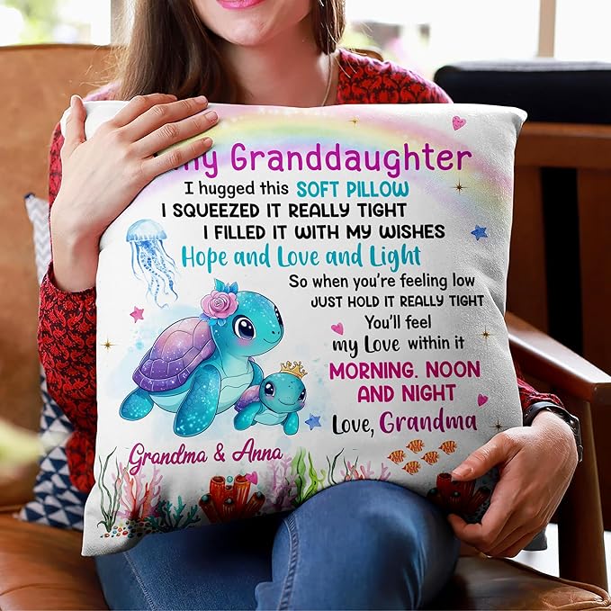 Hyturtle Personalized to My Granddaughter Pillow (Insert Included) Gifts from Grandma - Birthday Graduation Gifts for Granddaughter - Sea Turtle Custom Name Sofa Couch Cushion Home Decor Throw Pillow