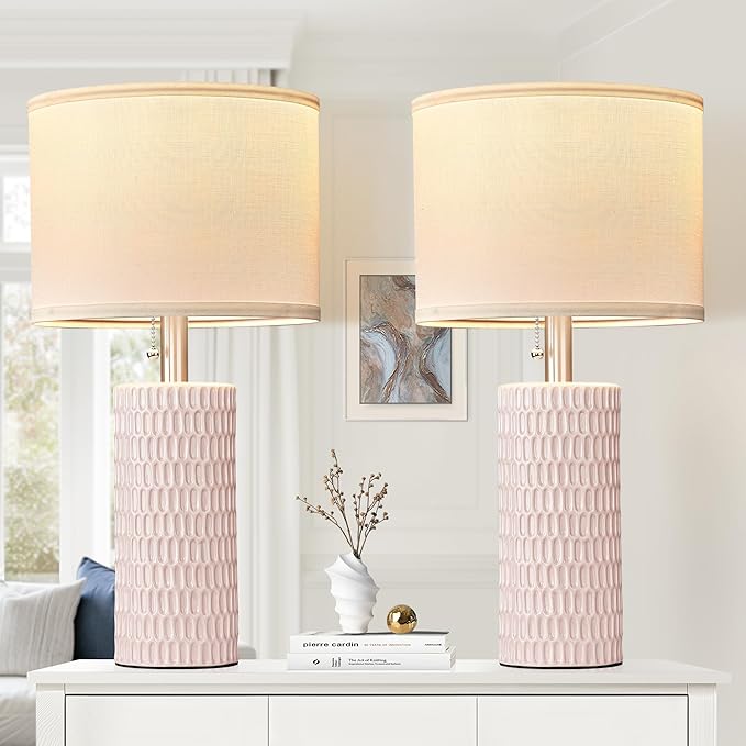 Table Lamps for Living Room Set of 2, Ceramic Table Lamps for Bedroom, 20" Modern Lamps for Night Stands, Pink
