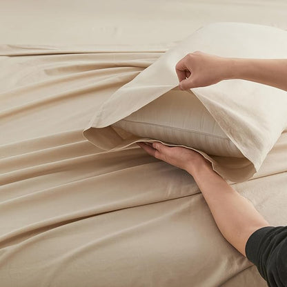 Simple&Opulence Belgian Linen Sheet Set Solid Color - 3 Pieces (1 Flat Sheet, 1 Fitted Sheet & 1 Pillowcase) Natural Flax Cotton Blend Soft Breathable Farmhouse Bedding - Twin Size, Linen/Beige