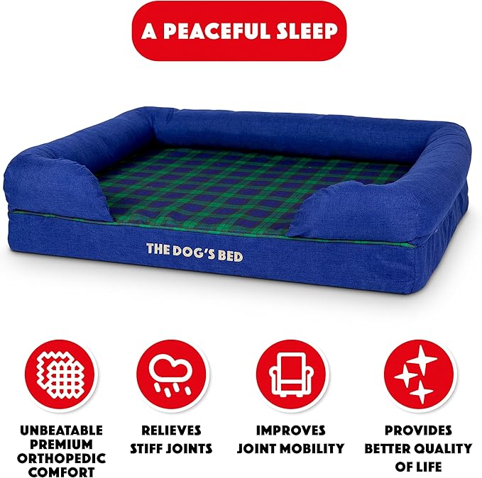 The Dog’s Bed Orthopedic Memory Foam Dog Bed with Bolsters, Oxford Fabric, Black Watch Tartan, L